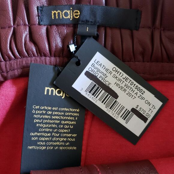 MAJE Jet zipped leather burgundy pencil straight mini paperbag skirt Size 1 NEW - Picture 6 of 8